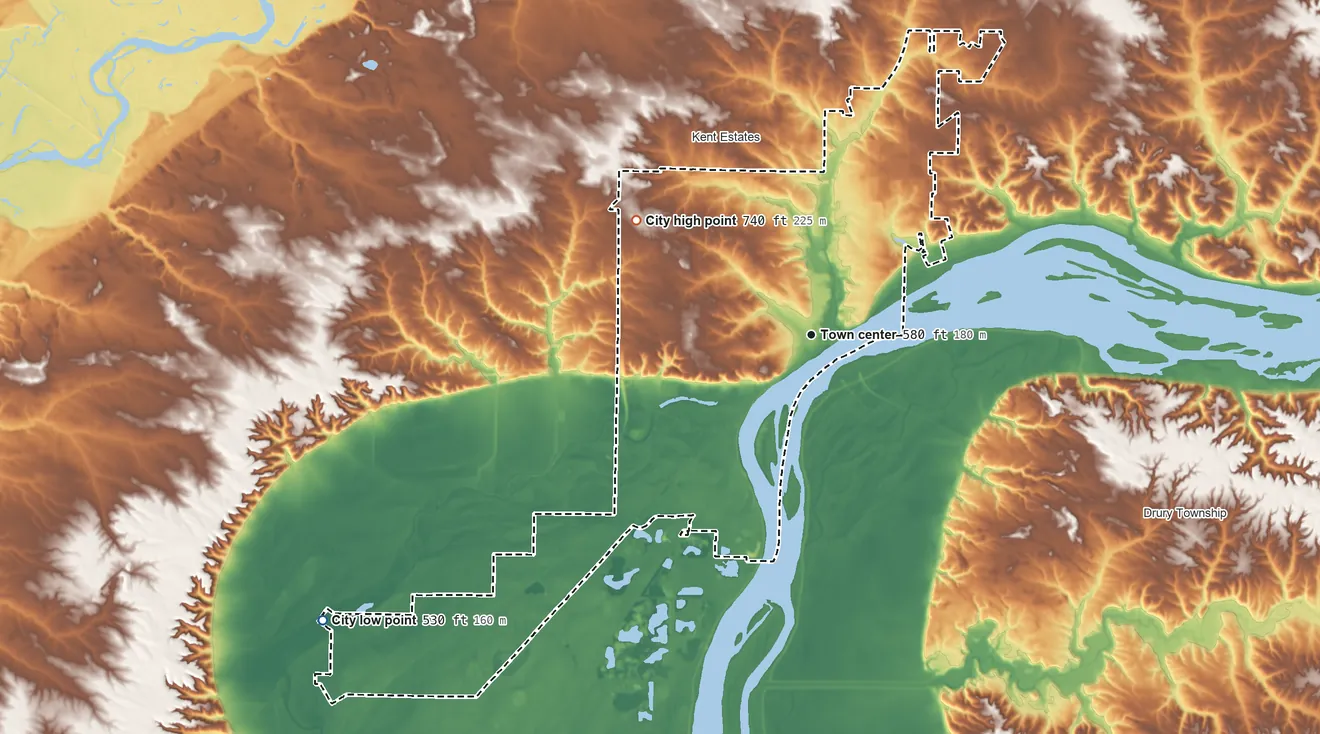 Topographic elevation map of Muscatine, Iowa, shaded from 530 ft on the southwest side to 740 ft on the northwest side