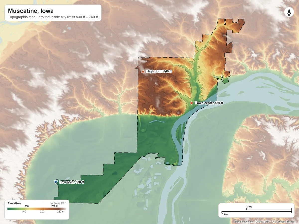 Topographic elevation map of Muscatine, Iowa, shaded from 530 ft on the southwest side to 740 ft on the northwest side