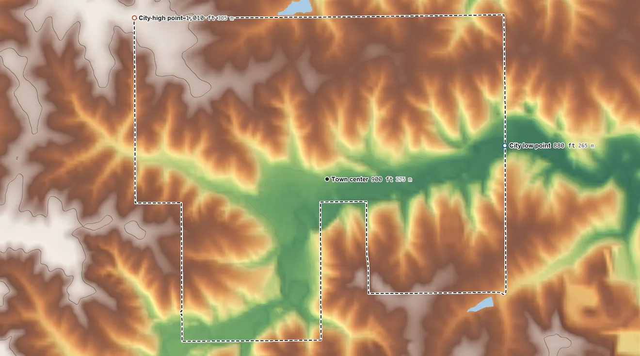 Topographic elevation map of Mystic, Iowa, shaded from 880 ft on the east side to 1,010 ft on the northwest side