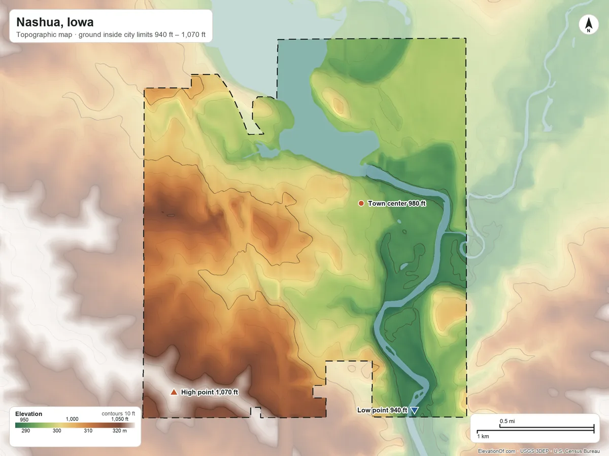 Topographic elevation map of Nashua, Iowa, shaded from 940 ft on the south side to 1,070 ft on the southwest side