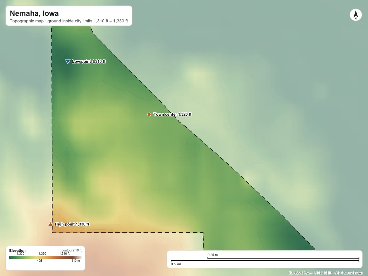Topographic elevation map of Nemaha, Iowa, shaded from 1,310 ft on the northwest side to 1,330 ft on the southwest side