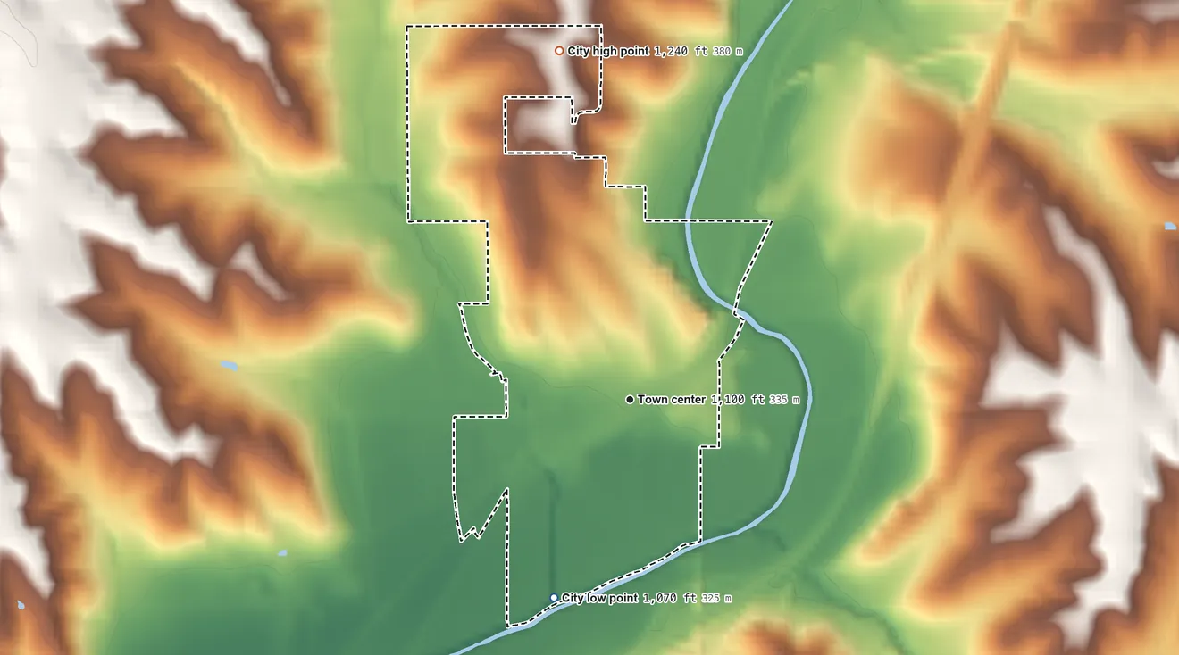 Topographic elevation map of Neola, Iowa, shaded from 1,070 ft on the south side to 1,240 ft on the north side