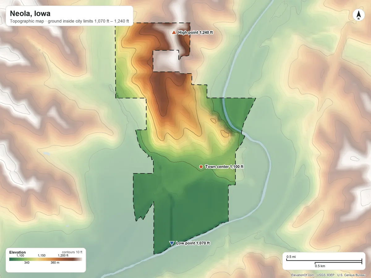 Topographic elevation map of Neola, Iowa, shaded from 1,070 ft on the south side to 1,240 ft on the north side