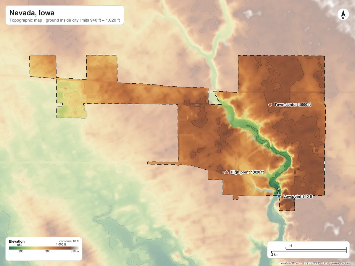 Topographic elevation map of Nevada, Iowa, shaded from 940 ft on the south side to 1,020 ft on the southwest side