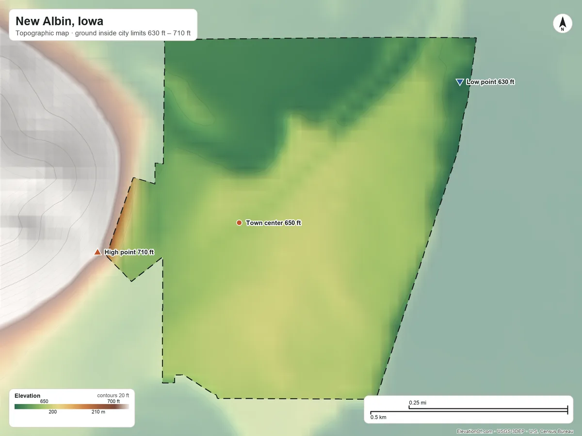 Topographic elevation map of New Albin, Iowa, shaded from 630 ft on the northeast side to 710 ft on the west edge, below higher ground just outside