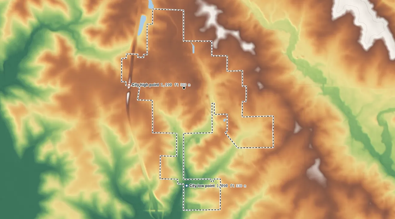 Topographic elevation map of New Hampton, Iowa, shaded from 1,090 ft on the south side to 1,190 ft on the west side