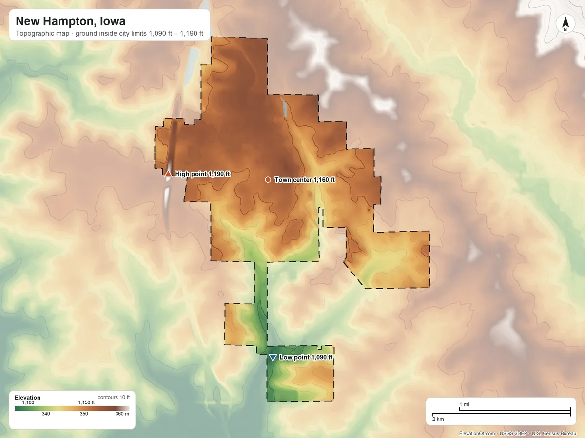 Topographic elevation map of New Hampton, Iowa, shaded from 1,090 ft on the south side to 1,190 ft on the west side