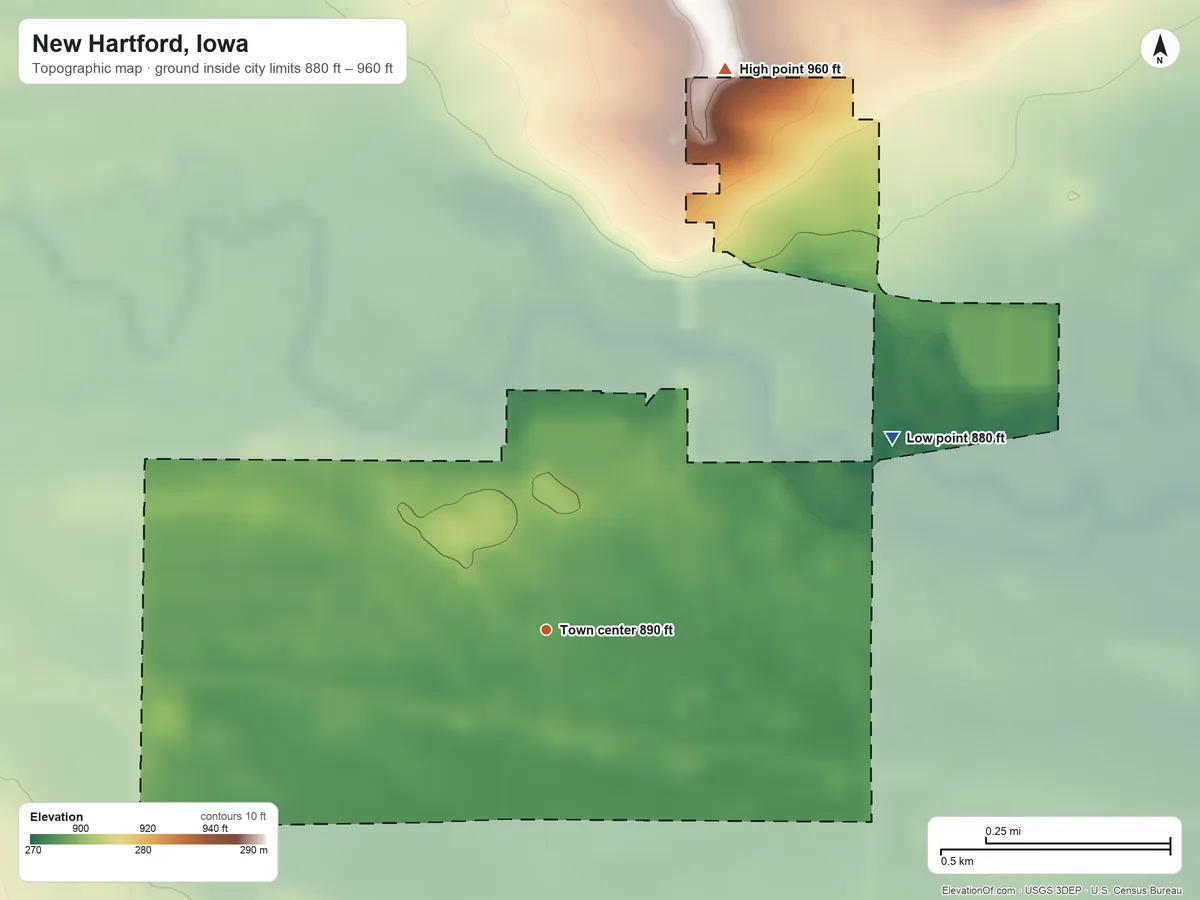 Topographic elevation map of New Hartford, Iowa, shaded from 880 ft on the northeast side to 960 ft on the north side