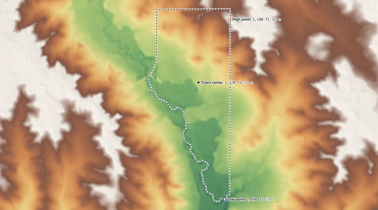 Topographic elevation map of New Haven, Iowa, shaded from 1,090 ft on the south side to 1,180 ft on the northeast side