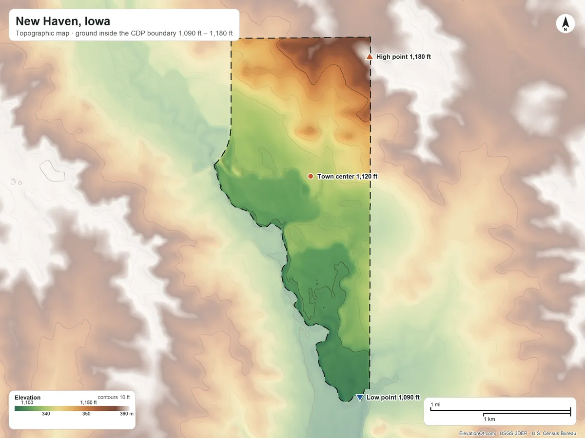 Topographic elevation map of New Haven, Iowa, shaded from 1,090 ft on the south side to 1,180 ft on the northeast side