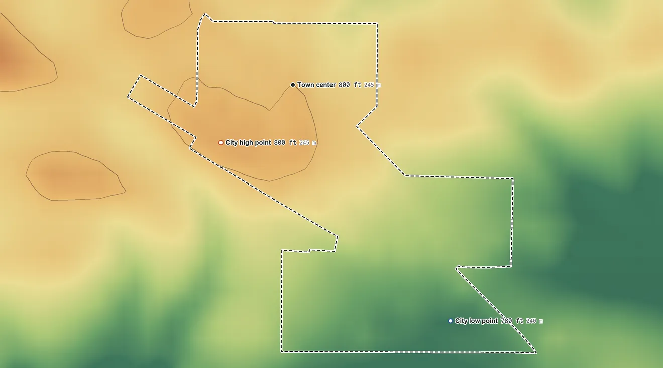 Topographic elevation map of New Liberty, Iowa, shaded from 780 ft on the southeast side to 800 ft on the southwest side