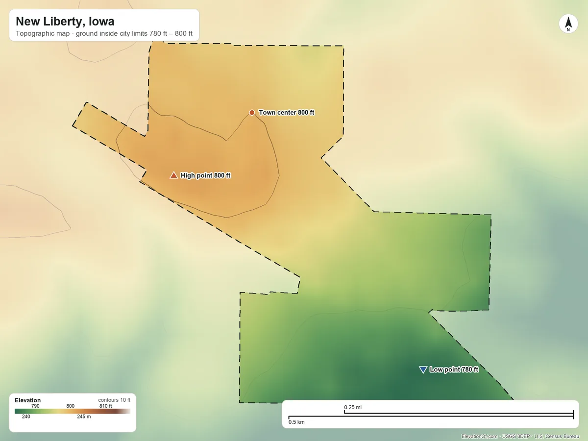 Topographic elevation map of New Liberty, Iowa, shaded from 780 ft on the southeast side to 800 ft on the southwest side