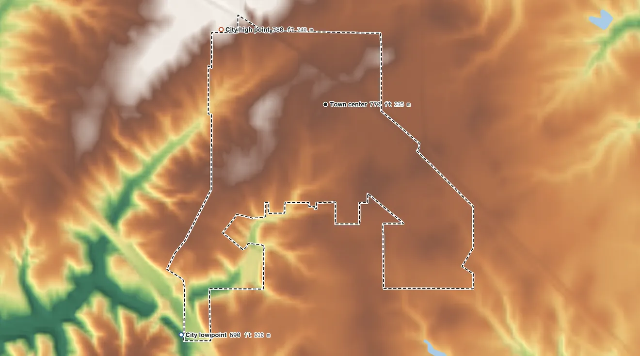 Topographic elevation map of New London, Iowa, shaded from 690 ft on the southwest side to 780 ft on the northwest side