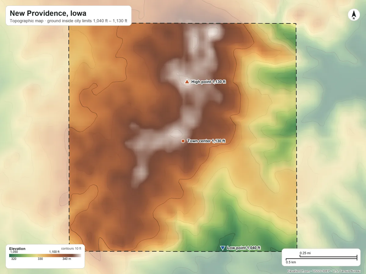 Topographic elevation map of New Providence, Iowa, shaded from 1,040 ft on the south side to 1,130 ft on the north side