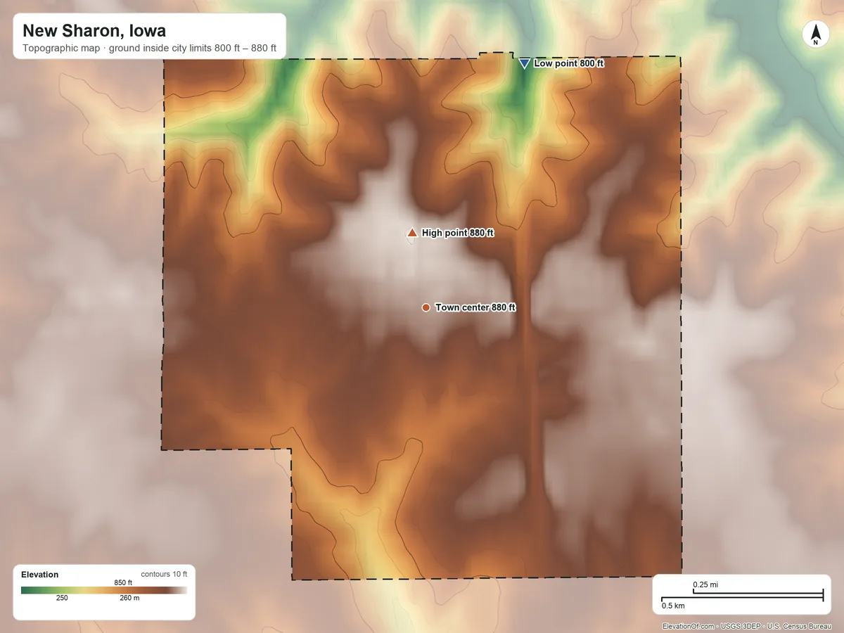 Topographic elevation map of New Sharon, Iowa, shaded from 800 ft on the north side to 880 ft on the north side