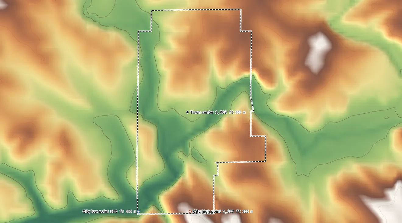 Topographic elevation map of New Vienna, Iowa, shaded from 980 ft on the southwest side to 1,070 ft on the south side