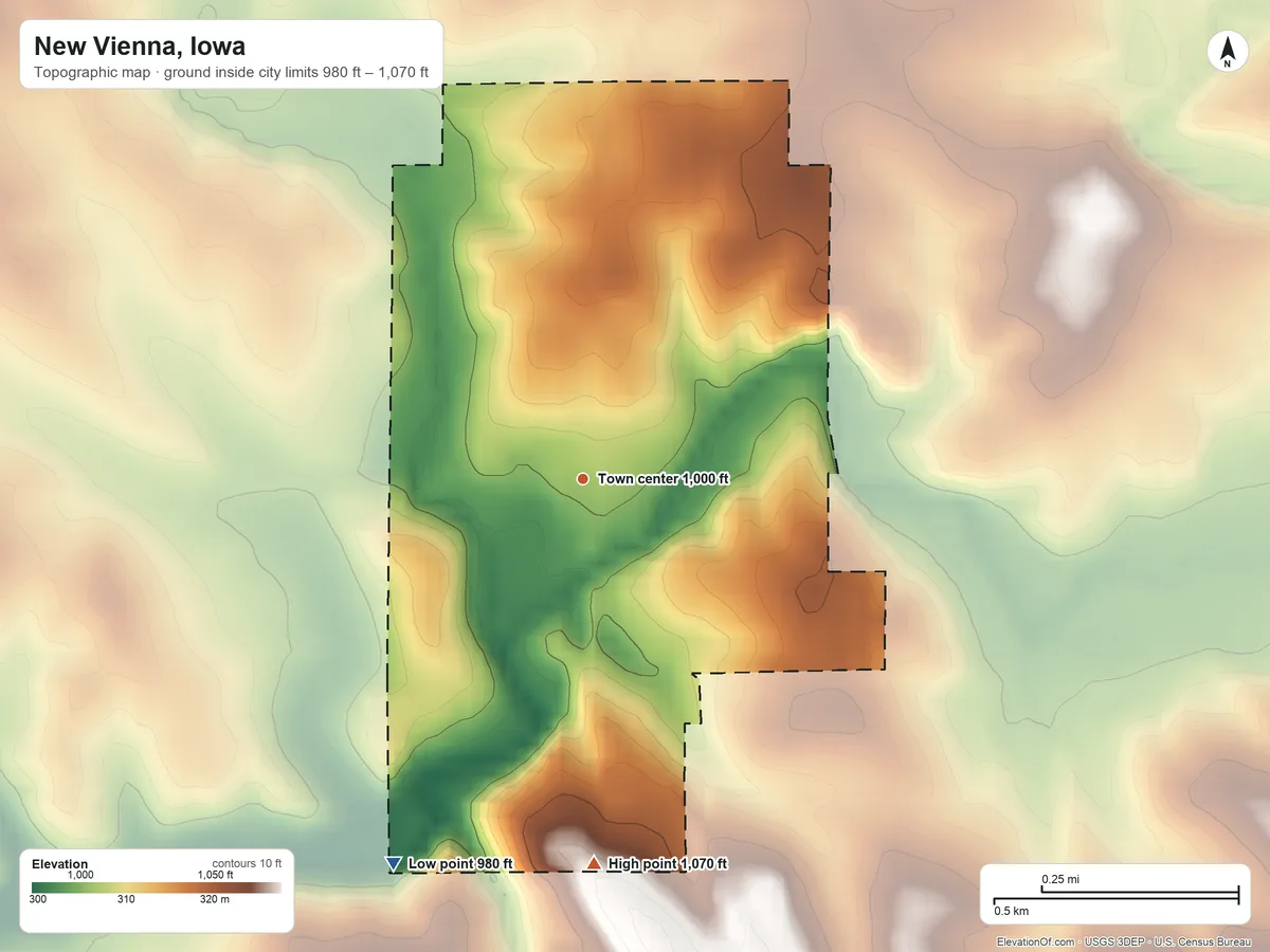 Topographic elevation map of New Vienna, Iowa, shaded from 980 ft on the southwest side to 1,070 ft on the south side