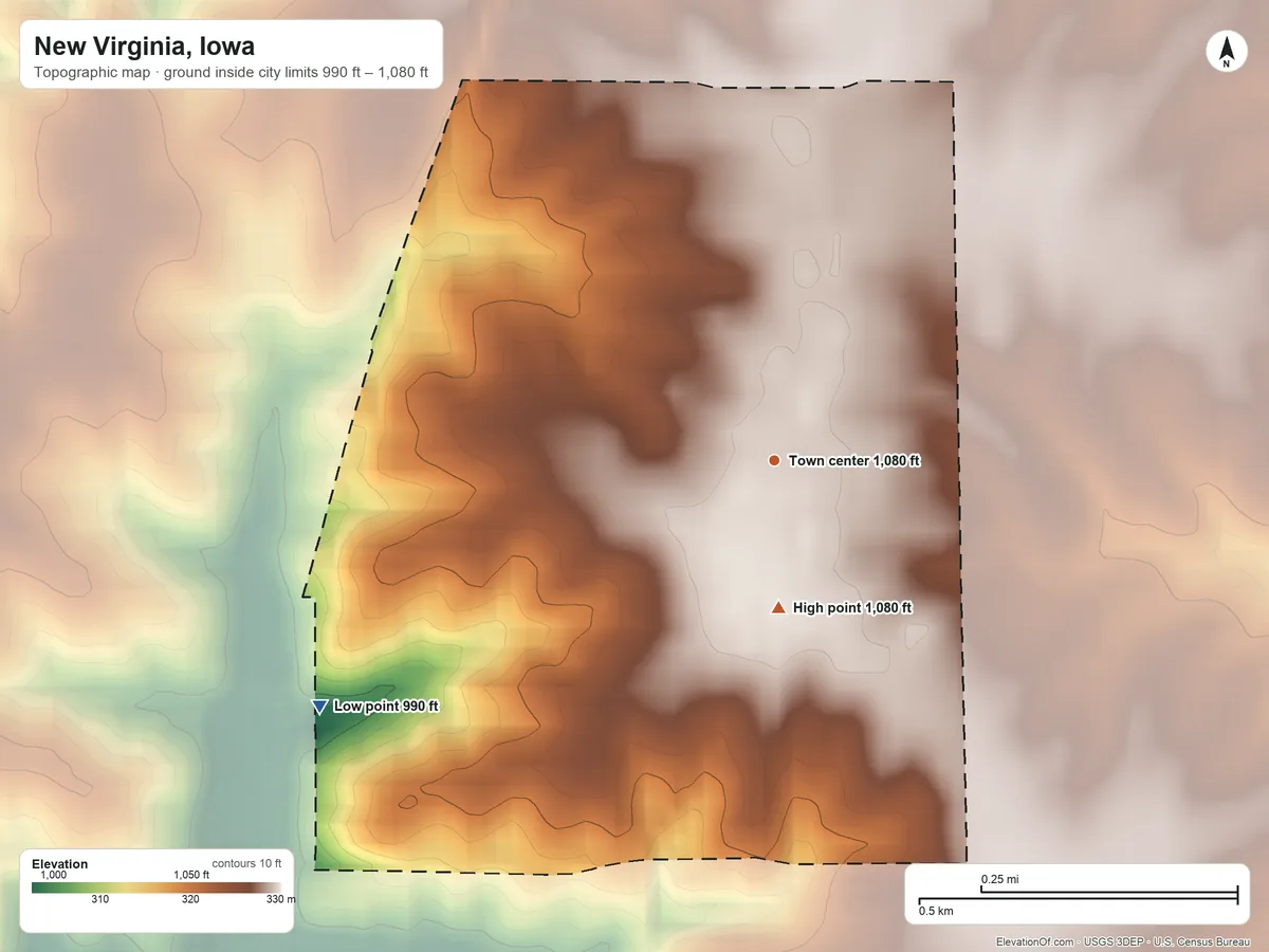 Topographic elevation map of New Virginia, Iowa, shaded from 990 ft on the southwest side to 1,080 ft on the south side