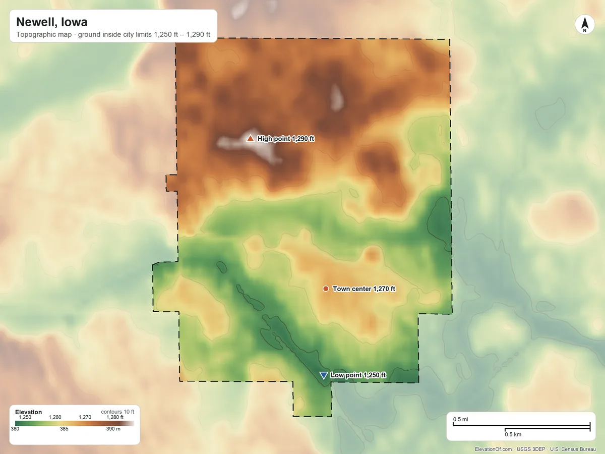 Topographic elevation map of Newell, Iowa, shaded from 1,250 ft on the south side to 1,290 ft on the northwest side