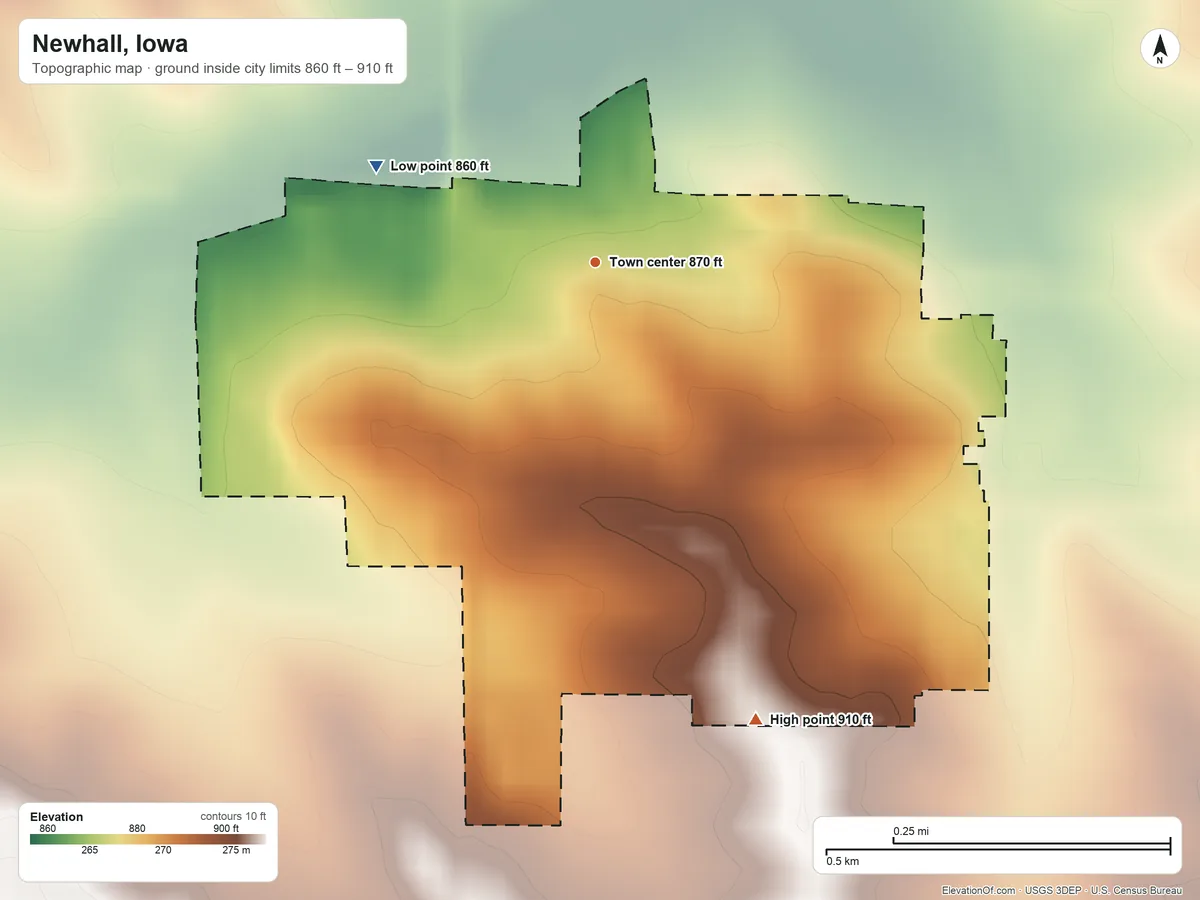 Topographic elevation map of Newhall, Iowa, shaded from 860 ft on the northwest side to 910 ft on the south side