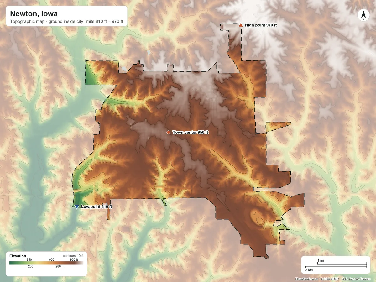 Topographic elevation map of Newton, Iowa, shaded from 810 ft on the southwest side to 970 ft on the northeast side