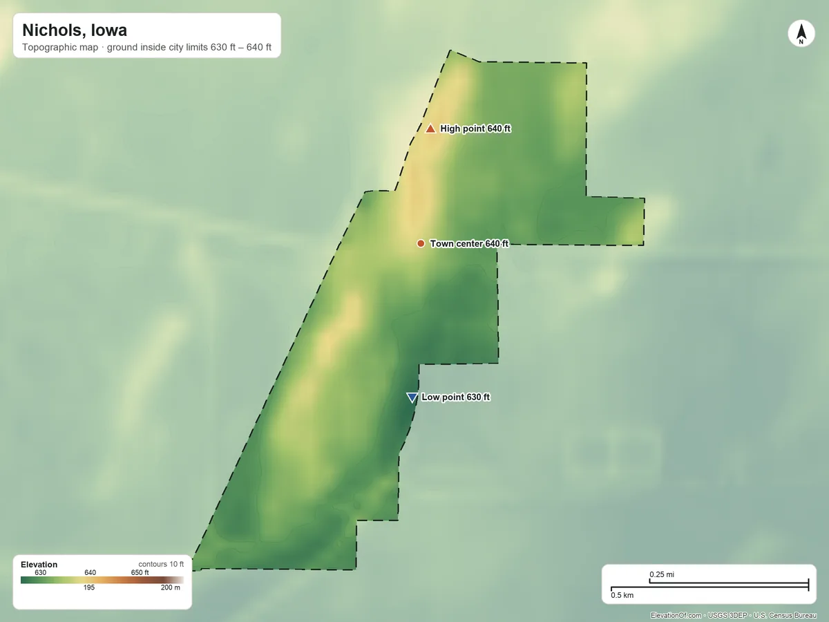 Topographic elevation map of Nichols, Iowa, shaded from 630 ft on the south side to 640 ft on the north side