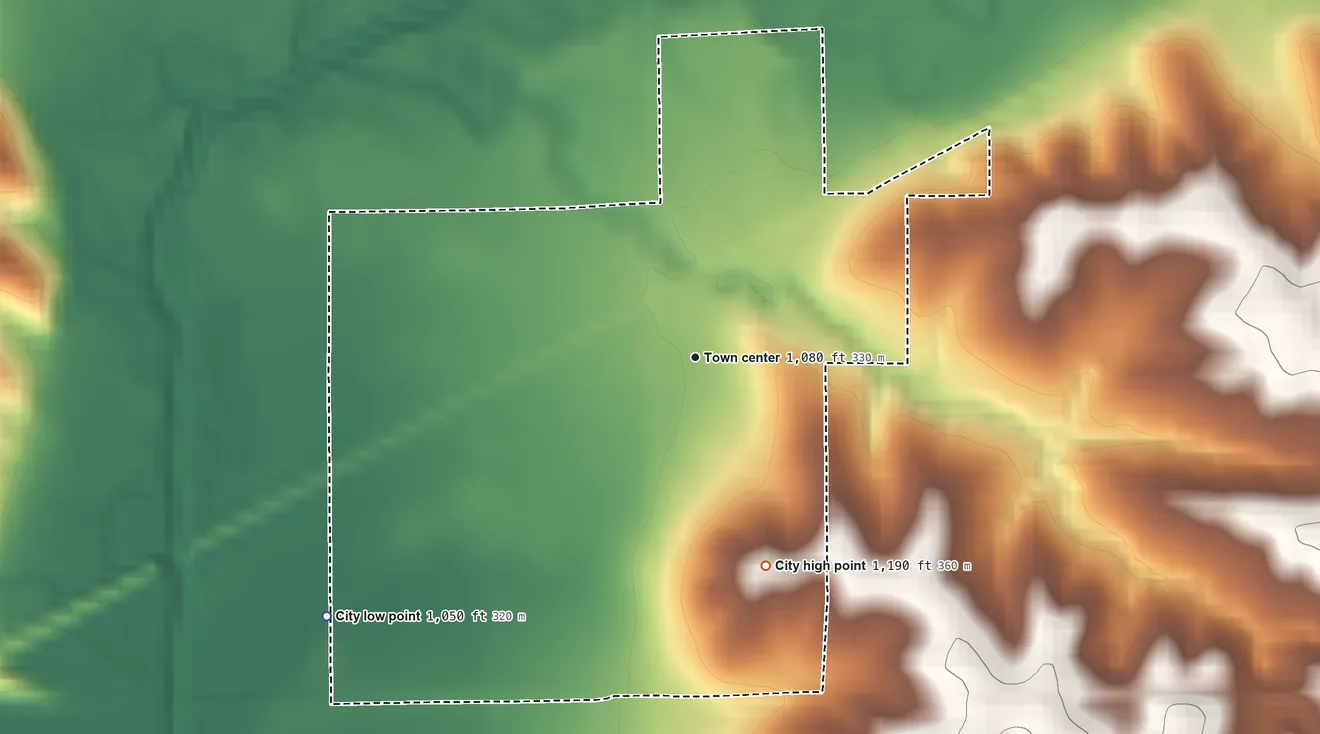 Topographic elevation map of Nodaway, Iowa, shaded from 1,050 ft on the southwest side to 1,190 ft on the south side