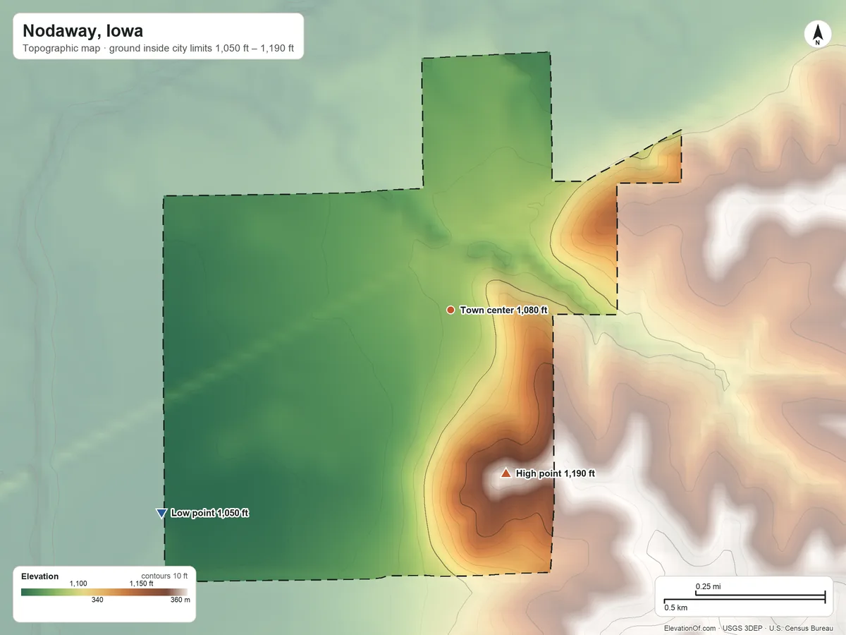 Topographic elevation map of Nodaway, Iowa, shaded from 1,050 ft on the southwest side to 1,190 ft on the south side