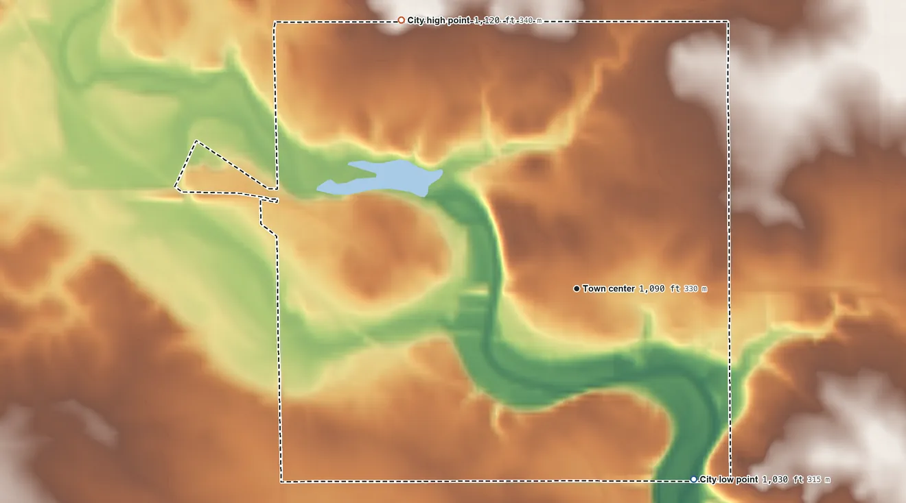 Topographic elevation map of Nora Springs, Iowa, shaded from 1,030 ft on the southeast side to 1,120 ft on the northwest side