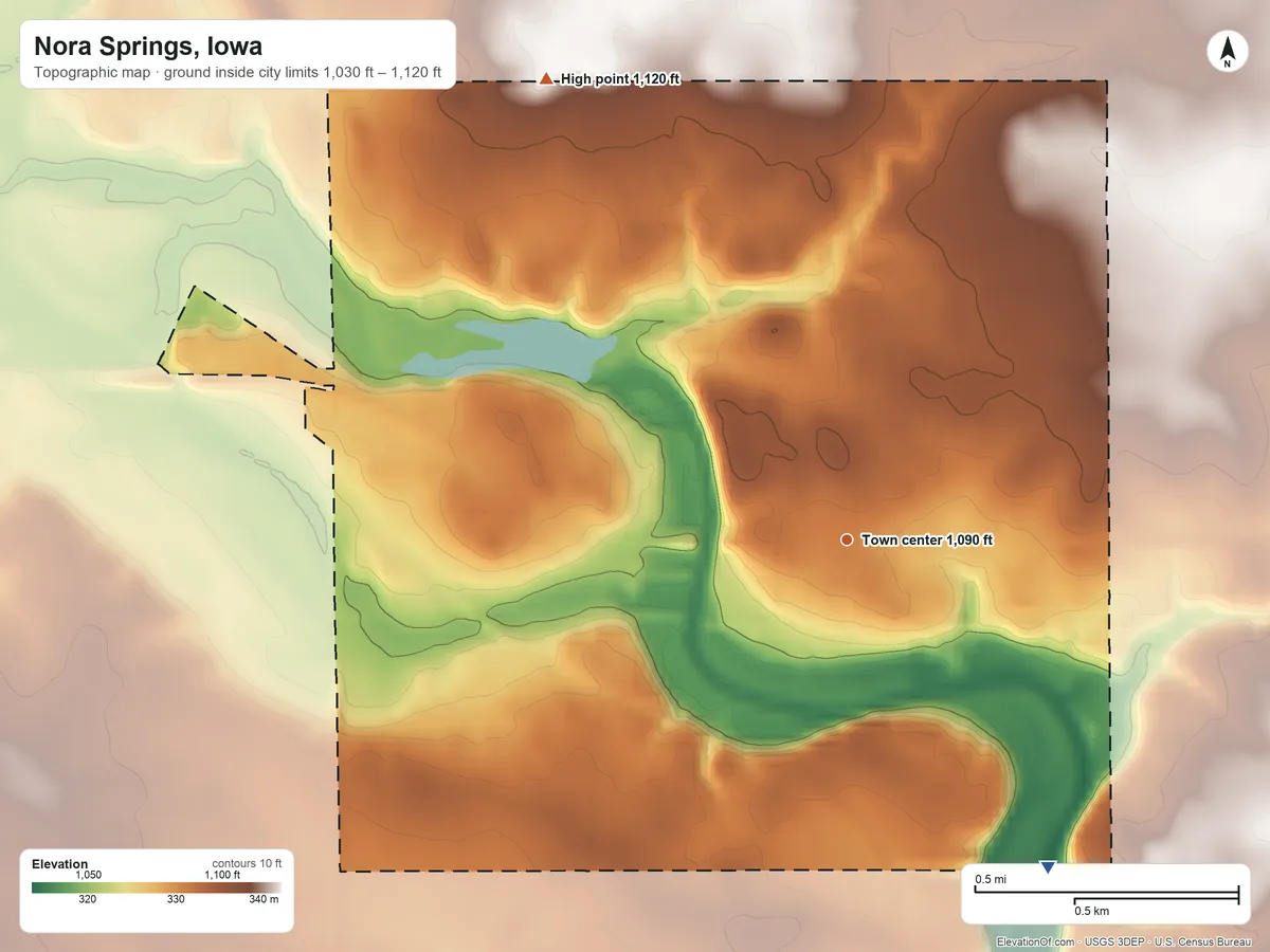 Topographic elevation map of Nora Springs, Iowa, shaded from 1,030 ft on the southeast side to 1,120 ft on the northwest side