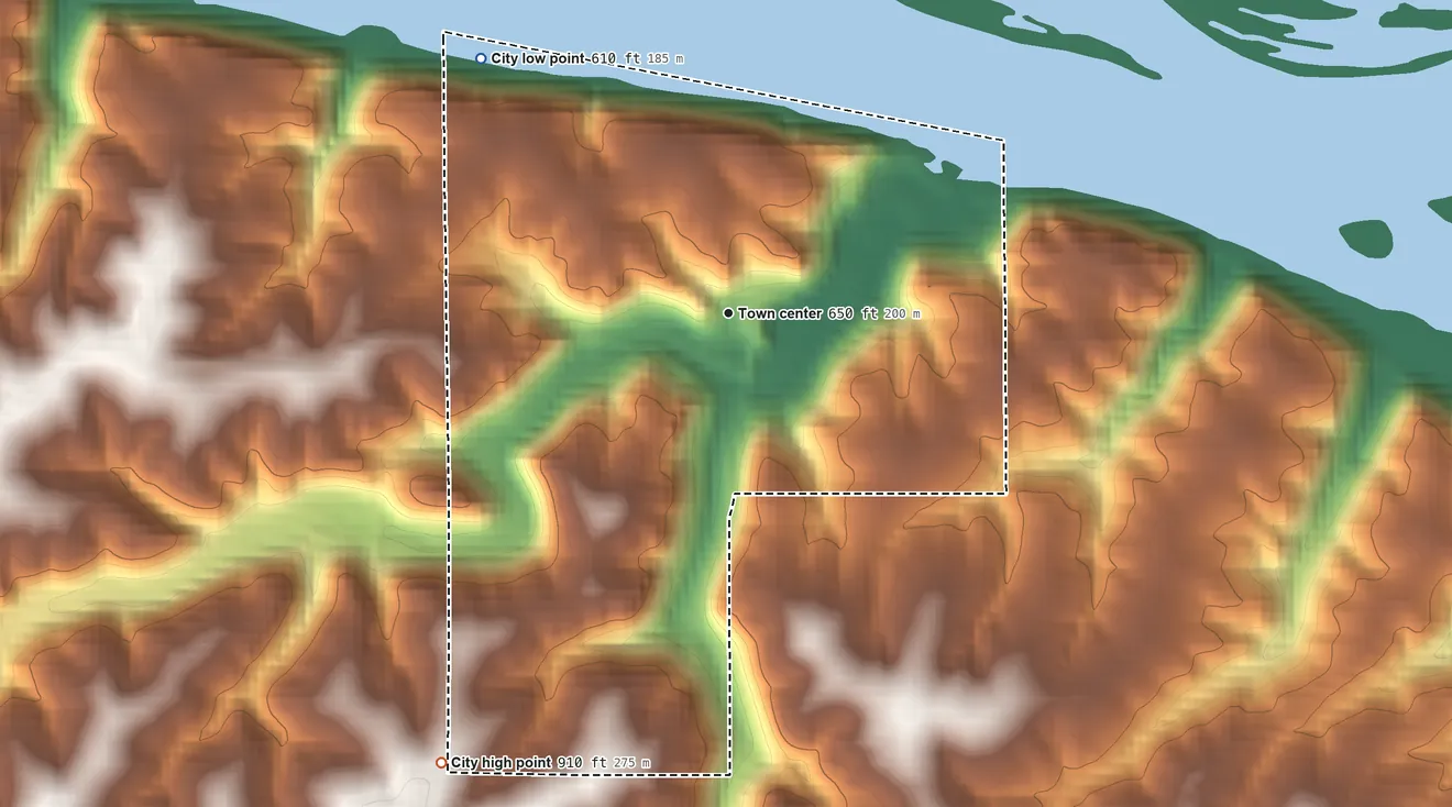 Topographic elevation map of North Buena Vista, Iowa, shaded from 610 ft on the northwest side to 910 ft on the southwest side