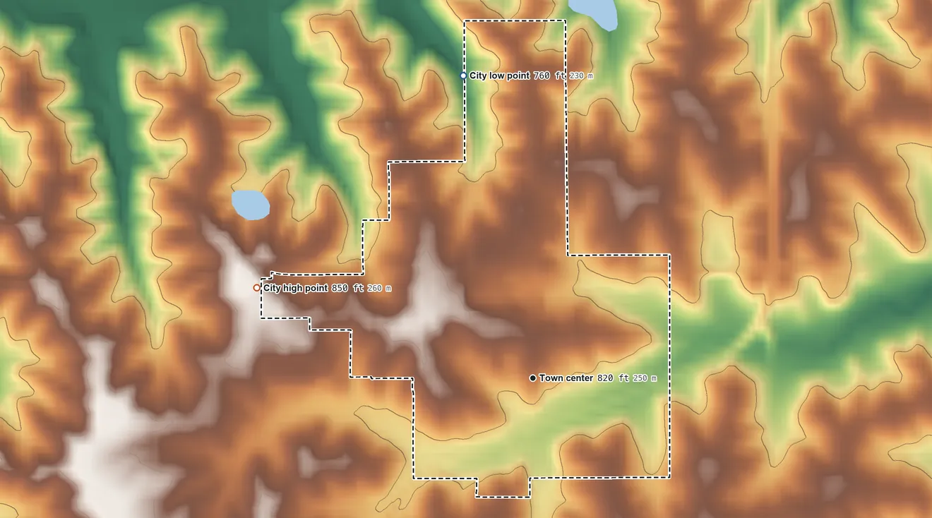 Topographic elevation map of North English, Iowa, shaded from 760 ft on the north side to 850 ft on the west side
