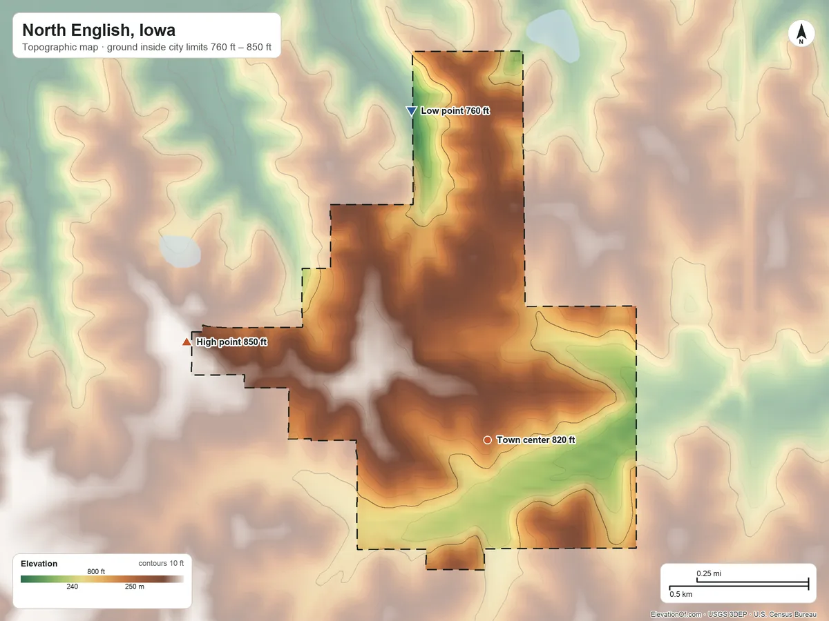 Topographic elevation map of North English, Iowa, shaded from 760 ft on the north side to 850 ft on the west side
