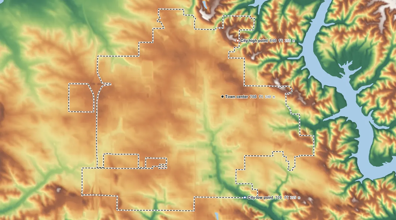 Topographic elevation map of North Liberty, Iowa, shaded from 710 ft on the south side to 840 ft on the north side