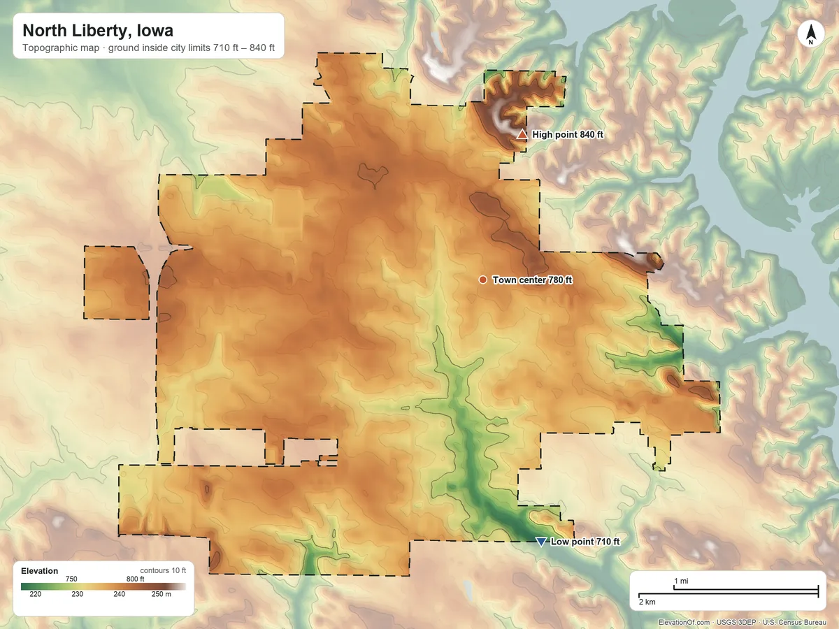 Topographic elevation map of North Liberty, Iowa, shaded from 710 ft on the south side to 840 ft on the north side