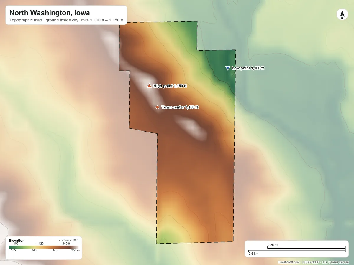 Topographic elevation map of North Washington, Iowa, shaded from 1,100 ft on the northeast side to 1,150 ft near the middle
