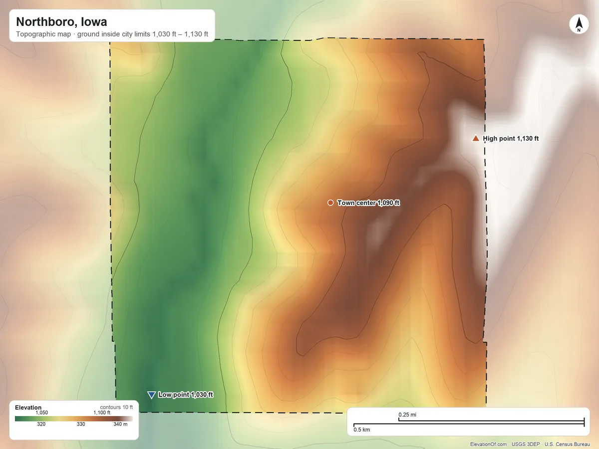 Topographic elevation map of Northboro, Iowa, shaded from 1,030 ft on the southwest side to 1,130 ft on the northeast side