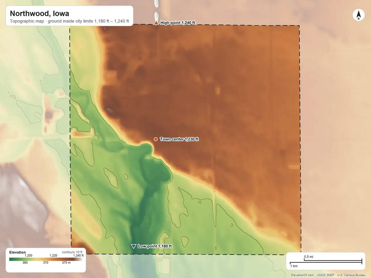 Topographic elevation map of Northwood, Iowa, shaded from 1,180 ft on the south side to 1,240 ft on the north side