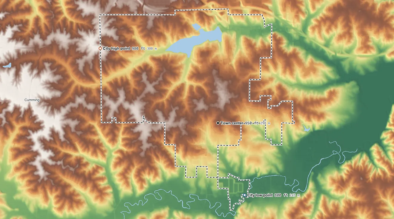 Topographic elevation map of Norwalk, Iowa, shaded from 800 ft on the south side to 980 ft on the northwest side