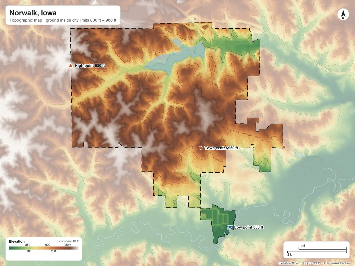 Topographic elevation map of Norwalk, Iowa, shaded from 800 ft on the south side to 980 ft on the northwest side