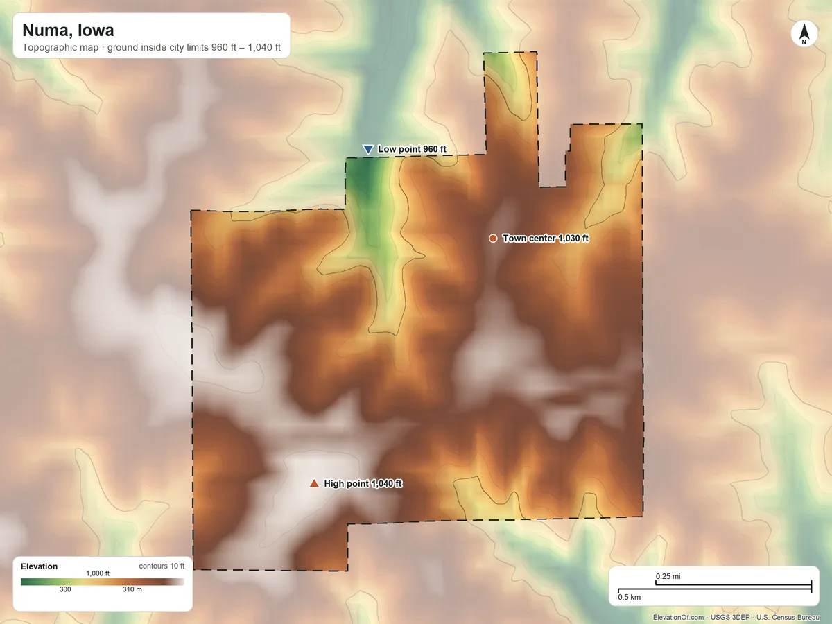Topographic elevation map of Numa, Iowa, shaded from 960 ft on the northwest side to 1,040 ft on the southwest side
