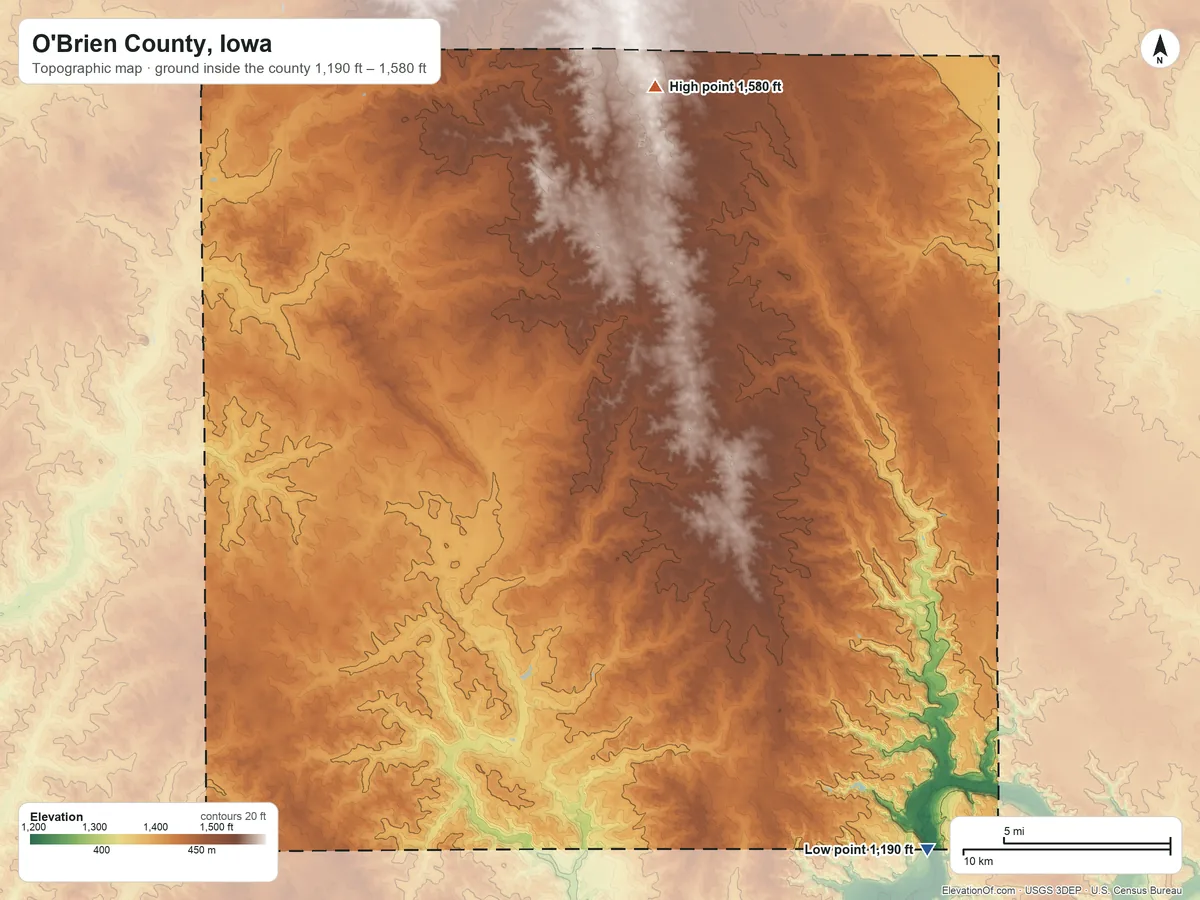 Topographic elevation map of O'Brien County, Iowa, shaded from 1,190 ft on the southeast side to 1,580 ft on the north side