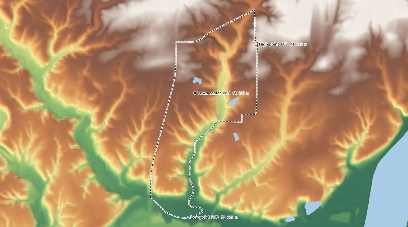 Topographic elevation map of Oak Hills, Iowa, shaded from 540 ft on the south side to 680 ft on the northeast side