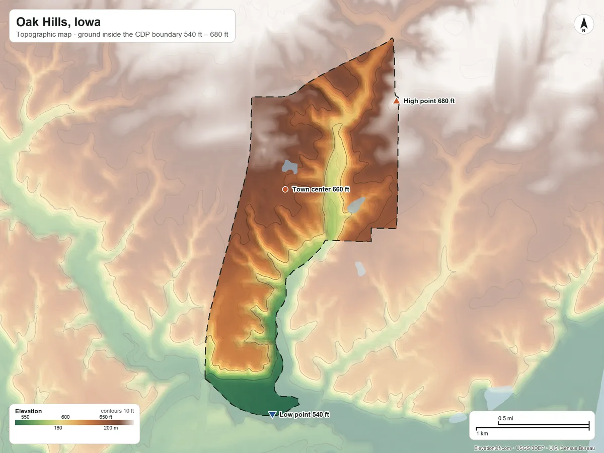Topographic elevation map of Oak Hills, Iowa, shaded from 540 ft on the south side to 680 ft on the northeast side