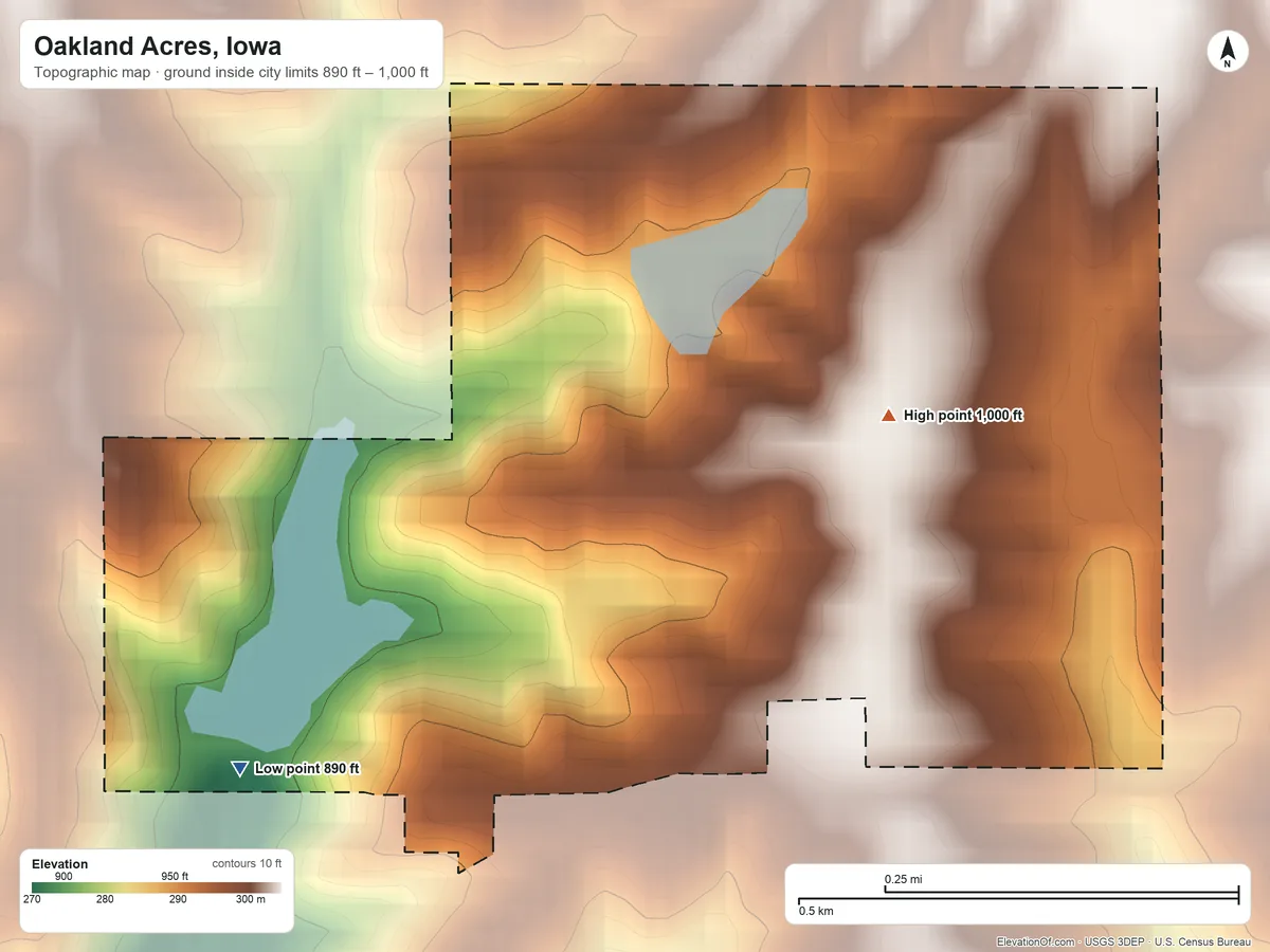 Topographic elevation map of Oakland Acres, Iowa, shaded from 890 ft on the southwest side to 1,000 ft near the middle
