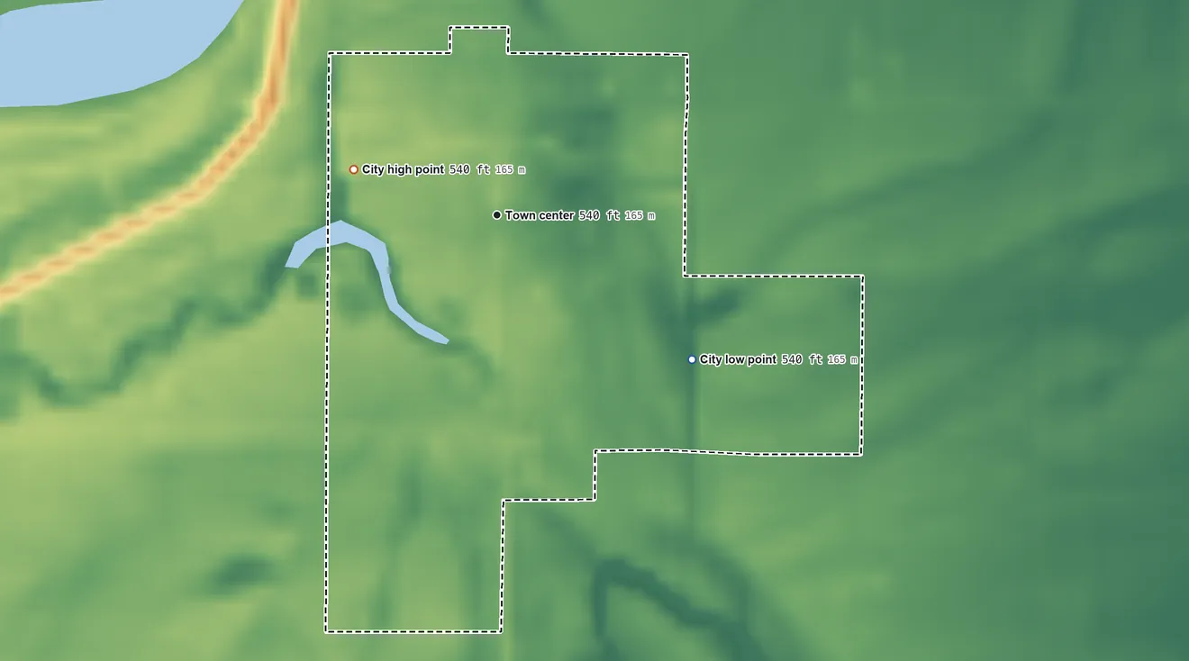 Topographic elevation map of Oakville, Iowa, shaded from 540 ft on the southeast side to 540 ft on the west side