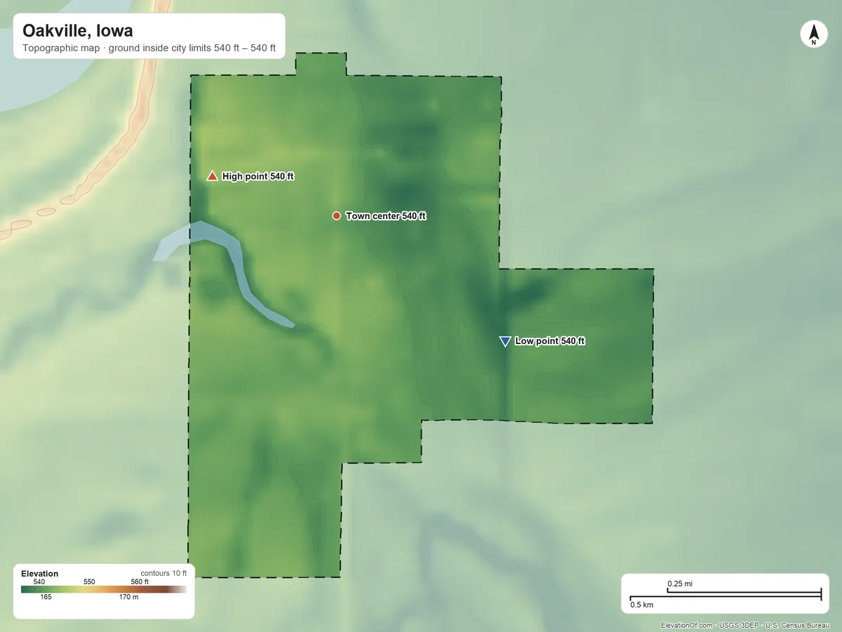 Topographic elevation map of Oakville, Iowa, shaded from 540 ft on the southeast side to 540 ft on the west side