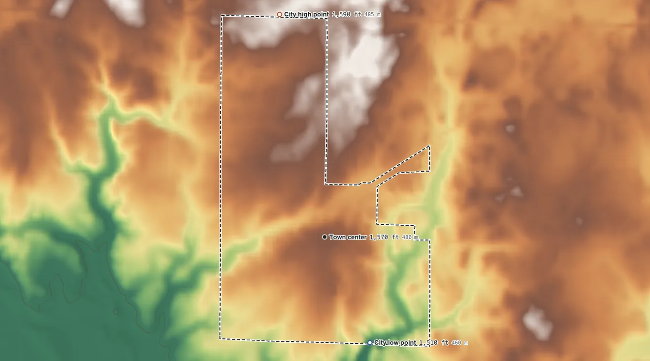 Topographic elevation map of Ocheyedan, Iowa, shaded from 1,510 ft on the southeast side to 1,590 ft on the north side