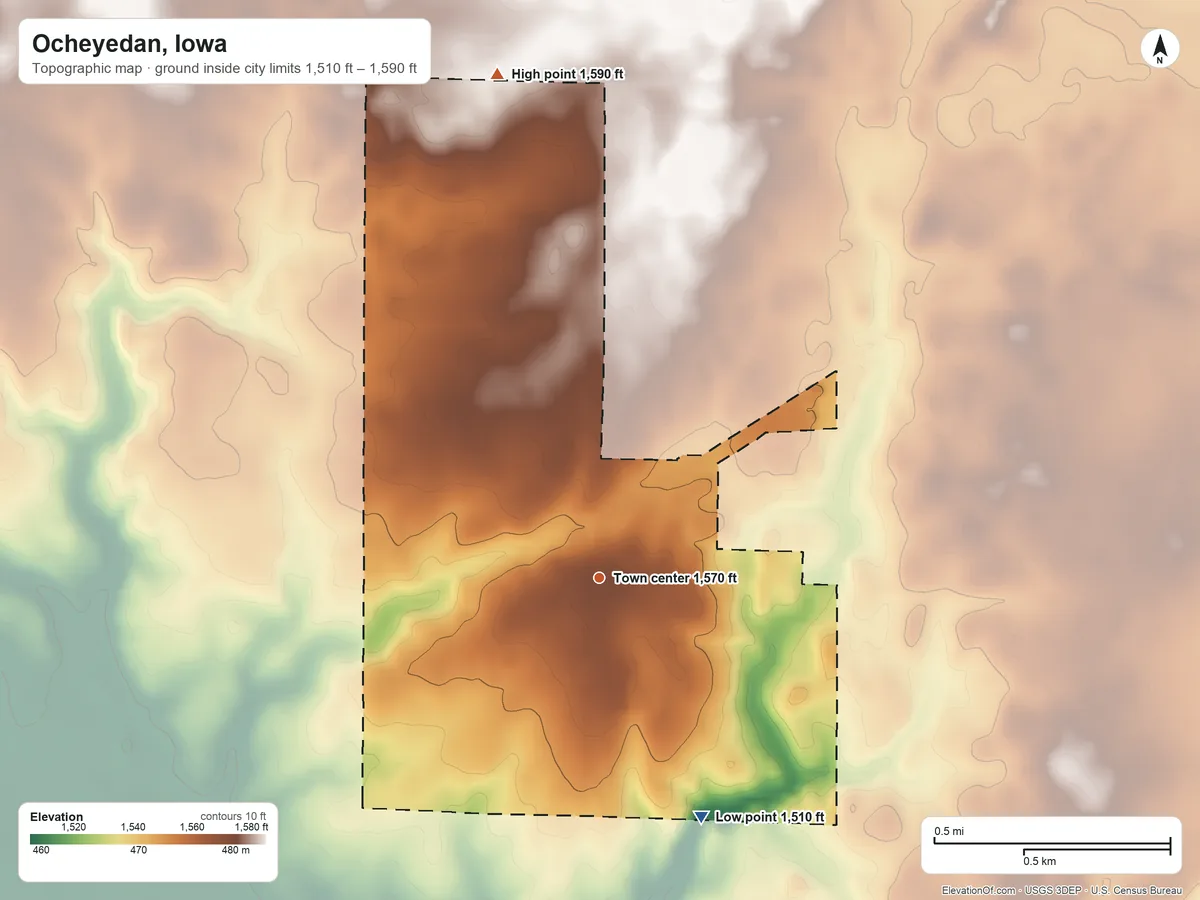 Topographic elevation map of Ocheyedan, Iowa, shaded from 1,510 ft on the southeast side to 1,590 ft on the north side