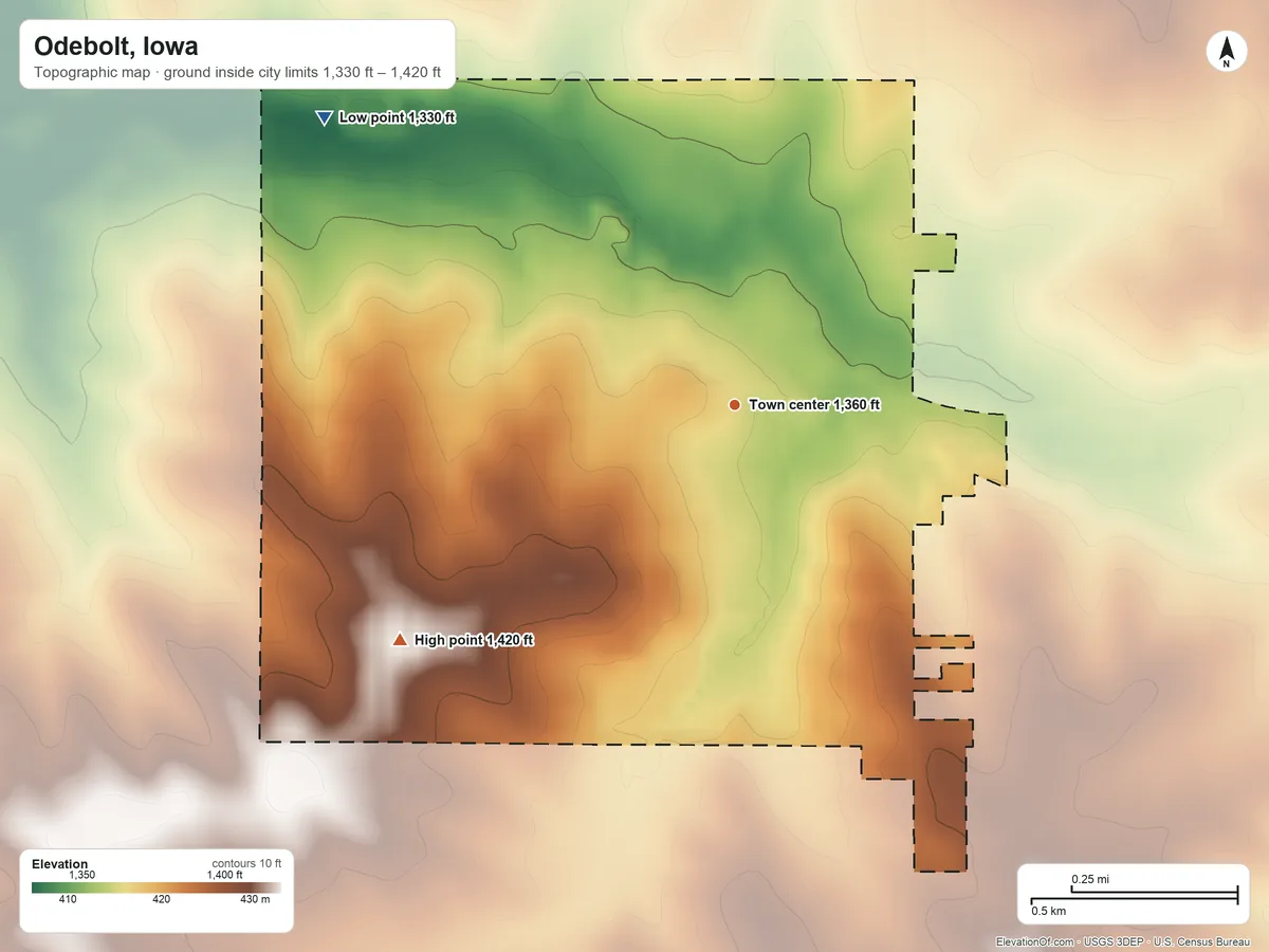 Topographic elevation map of Odebolt, Iowa, shaded from 1,330 ft on the northwest side to 1,420 ft on the southwest side
